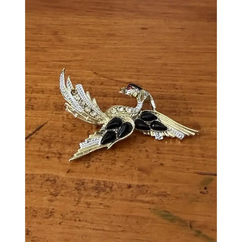 Vintage Phoenix Bird Rhinestone Brooch Gold Tone Black Enamel Figural Pin